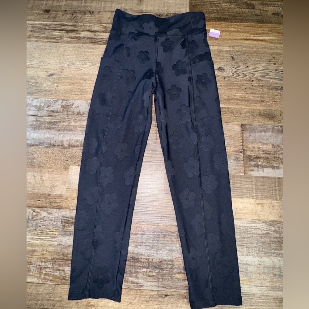 Evsie Girls Black Floral Embossed High Rise Leggings with Pockets Size M 10